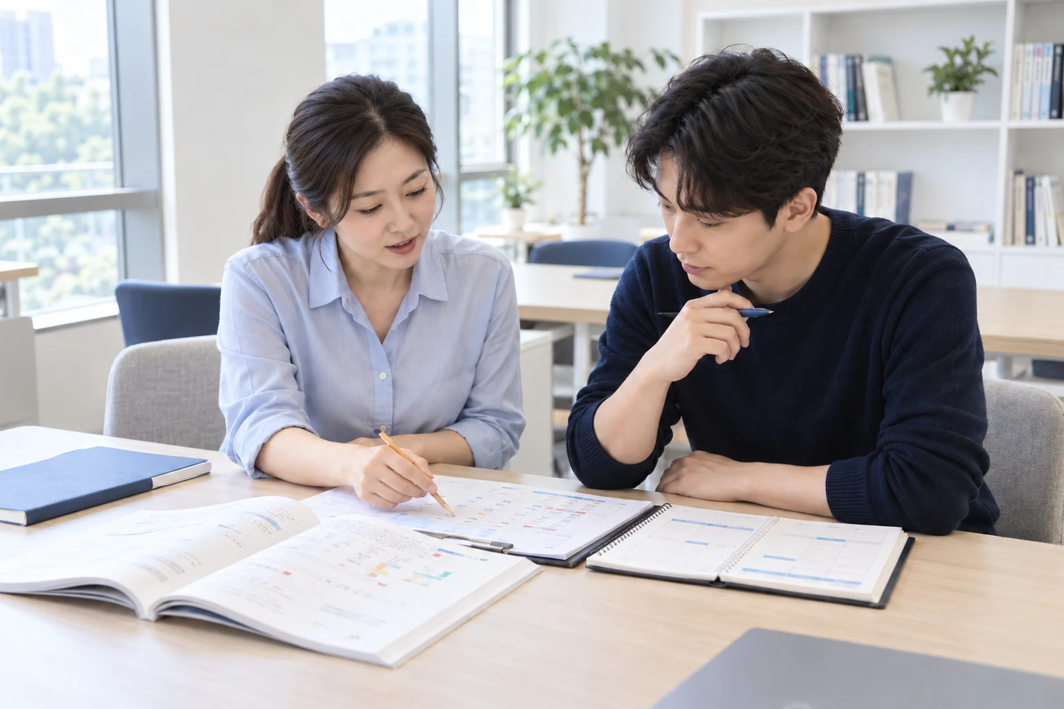 학습 진단 자료를 검토하며 수업 방향을 논의하는 담당자