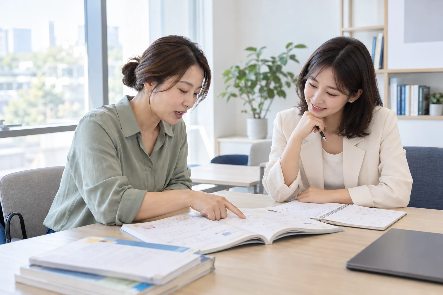 학부모와 마주 앉아 학습 고민을 나누는 교육 상담자
